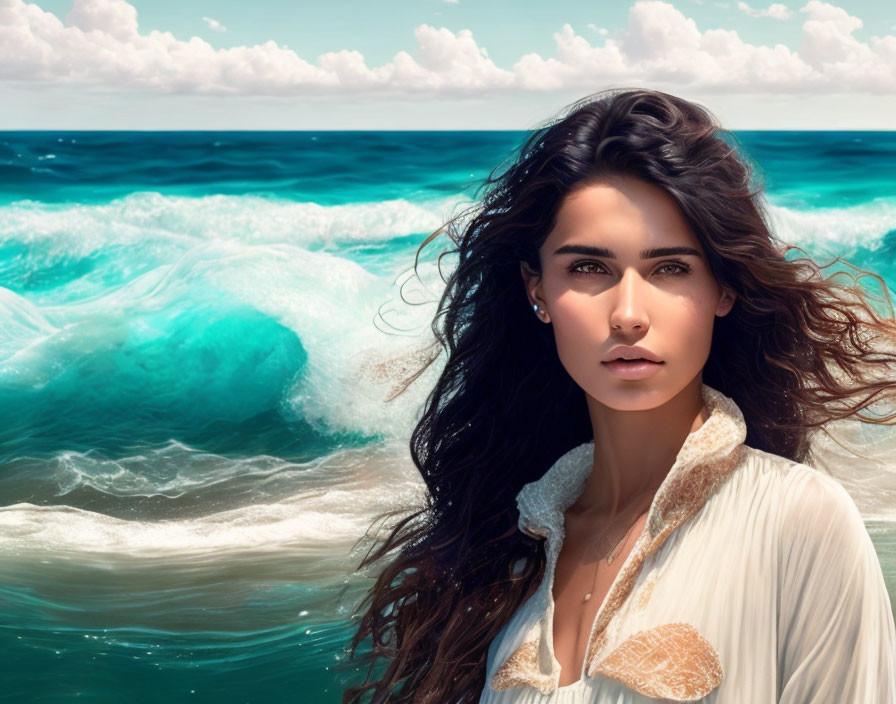 Dark-haired woman in white outfit against blue ocean waves and sky