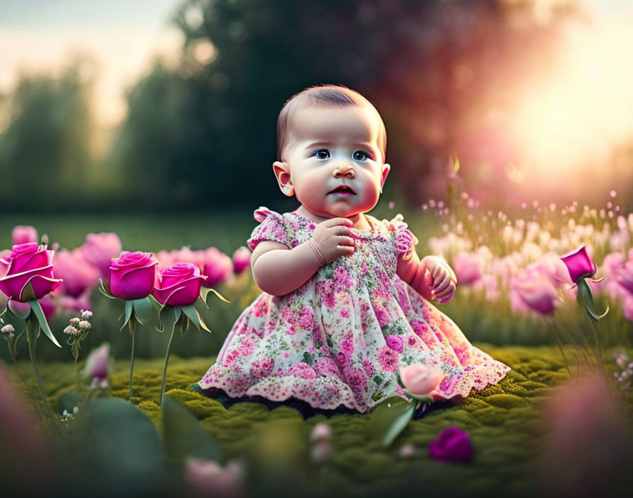 Baby in Floral Dress Surrounded by Pink Roses in Lush Garden