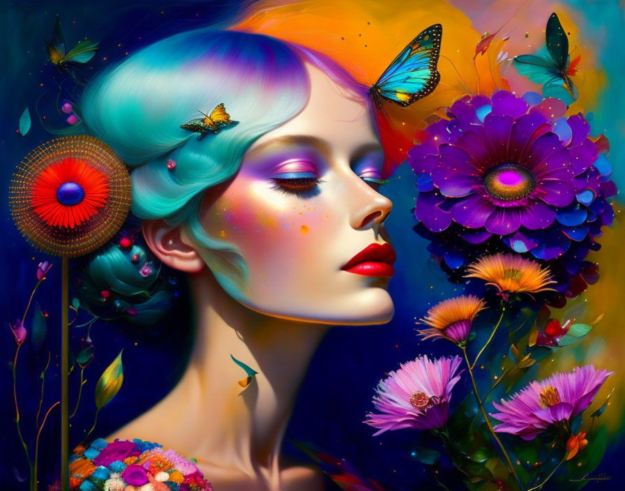 Colorful digital artwork: Woman with multicolored hair, flowers, and butterflies