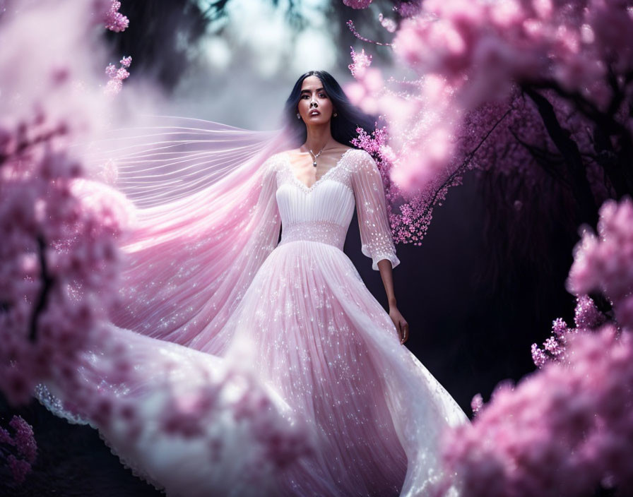 Woman in white gown among pink blossoming trees with flowing sleeves.