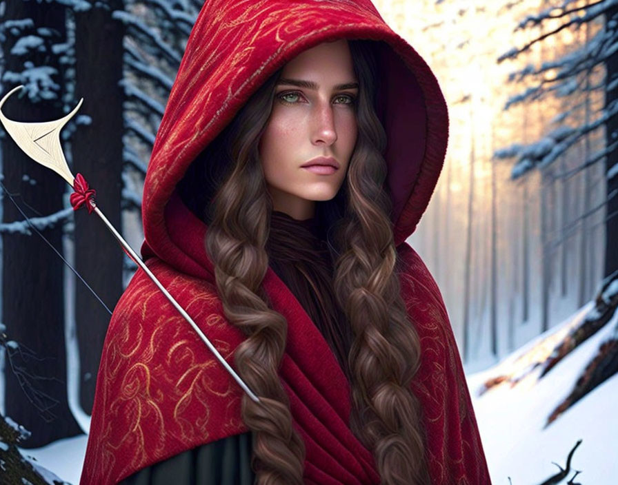 Woman in red cloak with white arrow in snowy forest