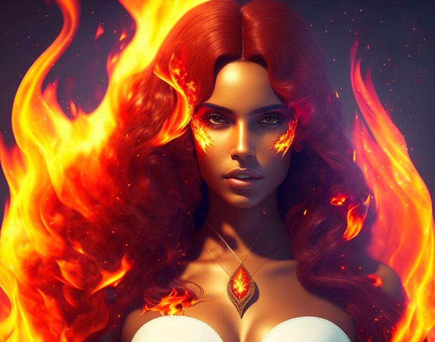 Digital artwork: Woman with fiery red hair and flame-themed eyes surrounded by flames