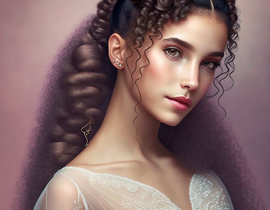 Portrait of woman with curly hair in sheer dress