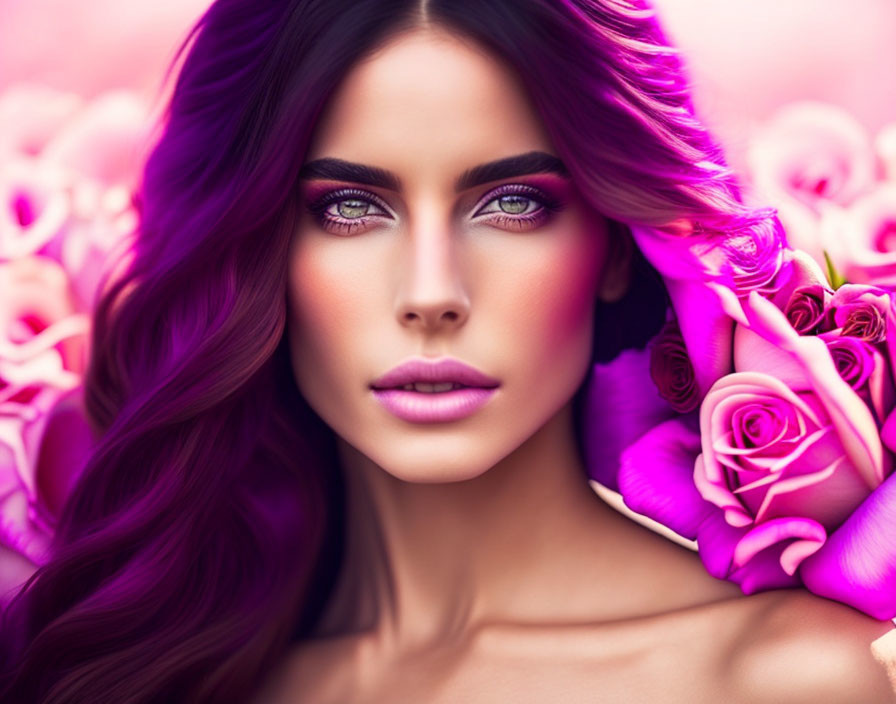 Digital artwork: Woman with violet eyes, long wavy hair, purple roses, soft pink backdrop