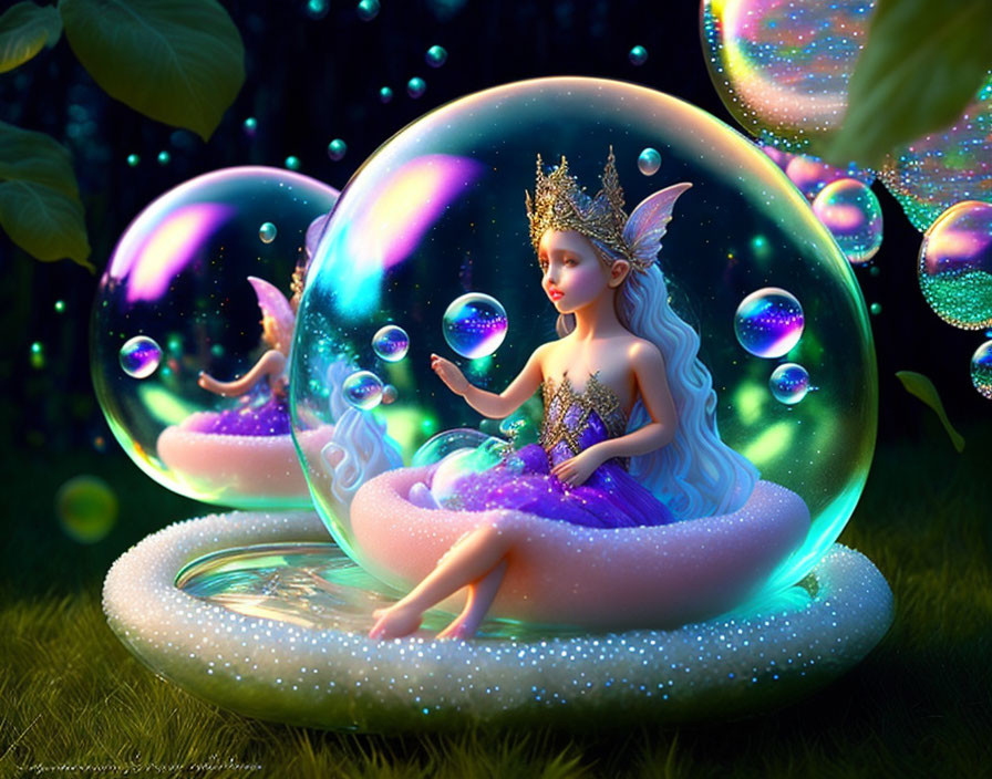 Enchanting fairy queen with delicate wings in glowing bubble garden