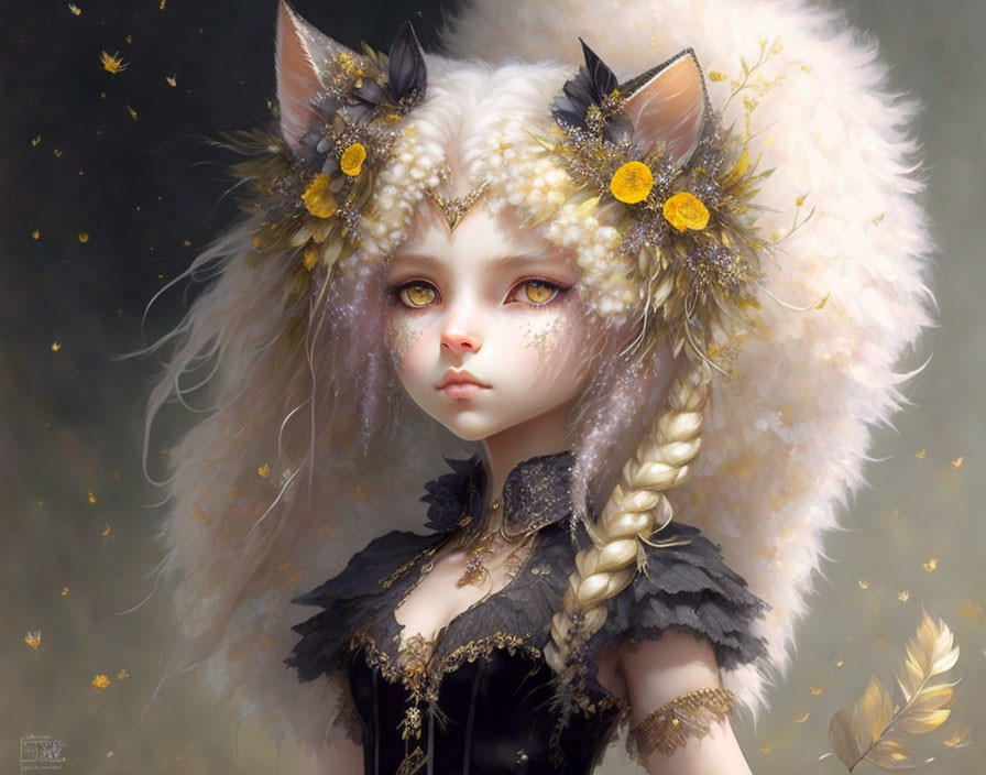 Fantasy illustration of girl with feline features and floral hair, surrounded by golden leaves