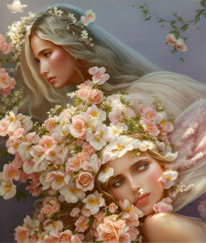 Two Women with Floral Headdresses in Soft Pastels