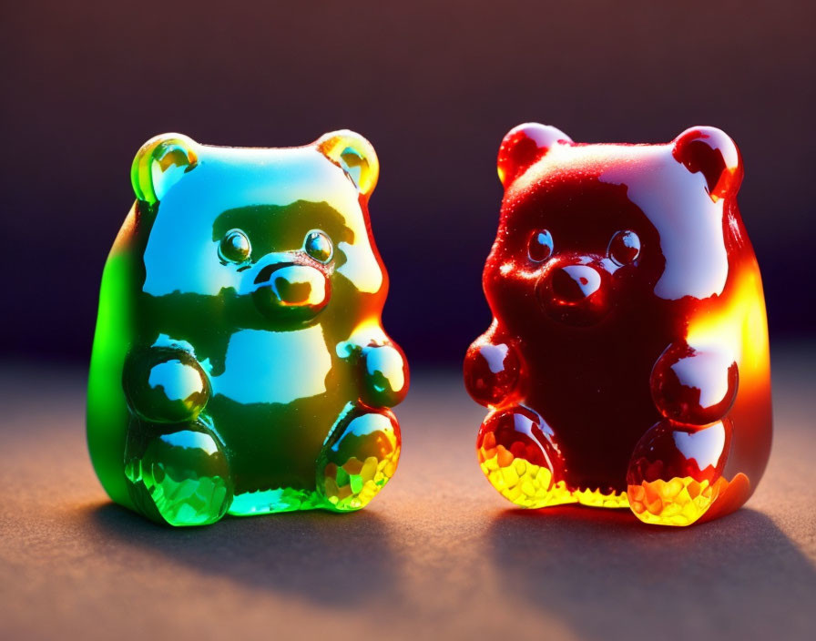 Vibrant illuminated gummy bear figures in green, blue, and red colors