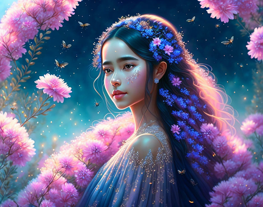 Fantasy portrait of young woman with flowers in hair under starry sky