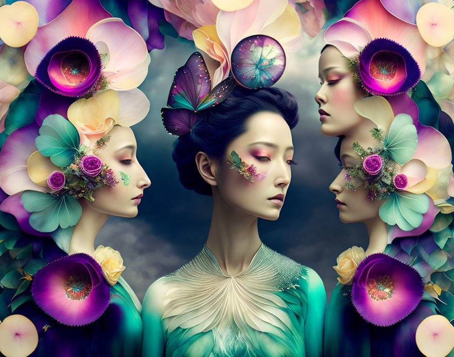 Whimsical digital art: Four women with flowers and butterflies in lush colors