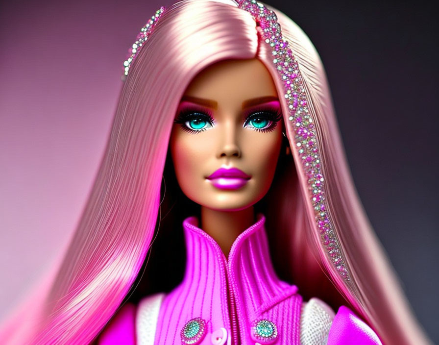 Colorful Barbie doll with long pink hair, blue eyes, pink lipstick, and rhinestone outfit