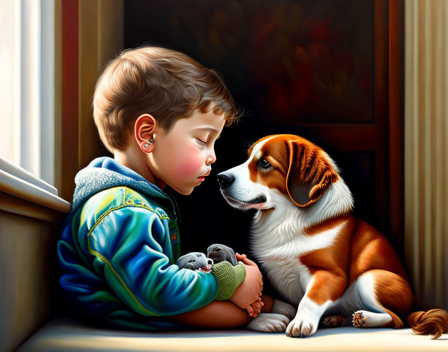 Child and dog sharing quiet moment by window