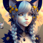 Fantasy illustration: Woman with blue hair, floral adornments, butterfly ears, bird, moon motifs