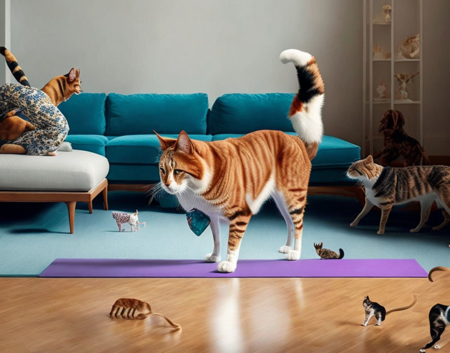 Multiple cats in living room setting with dominant large cat and smaller cats engaging in activities.