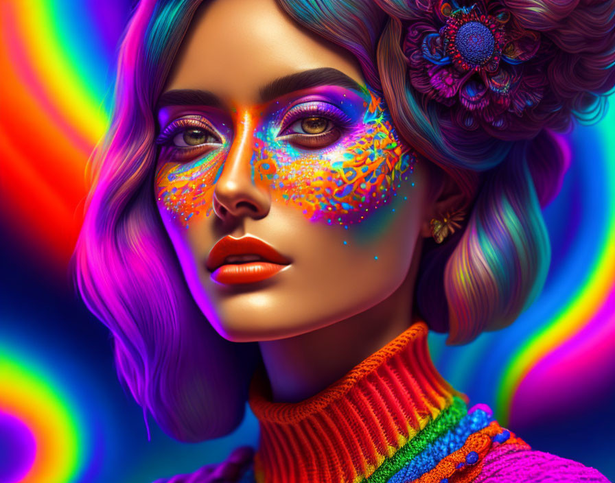 Colorful makeup and neon hair portrait with flower accessory on psychedelic background