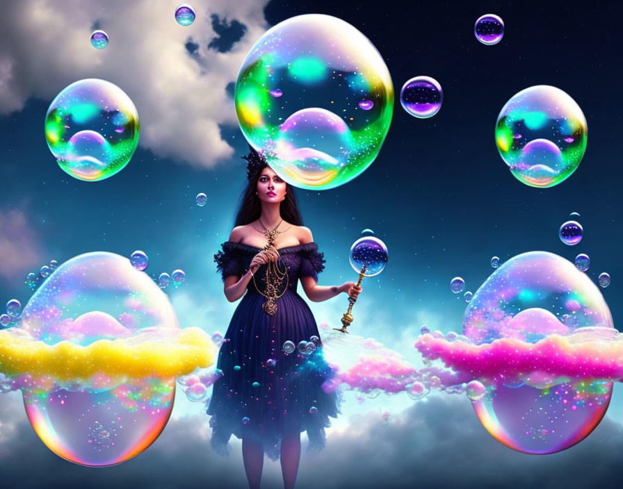 Woman in dark dress with scepter surrounded by iridescent bubbles in starry sky