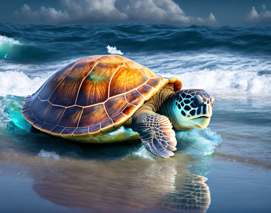 Colorful Sea Turtle Swimming in Ocean Waves