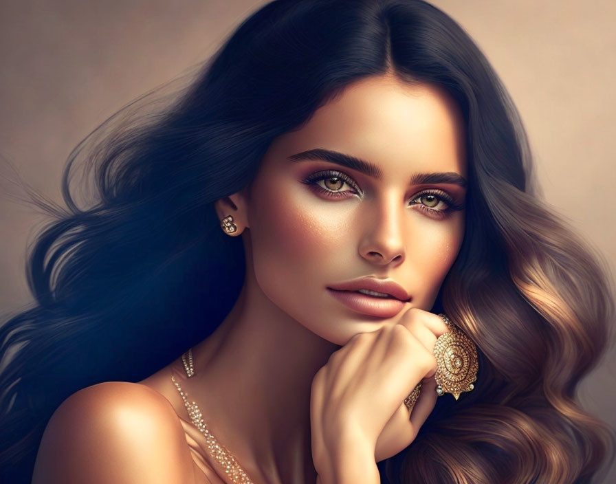 Portrait of woman with dark hair, green eyes, and gold jewelry