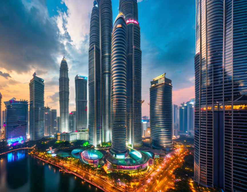 Cityscape with illuminated skyscrapers and waterway reflecting lights