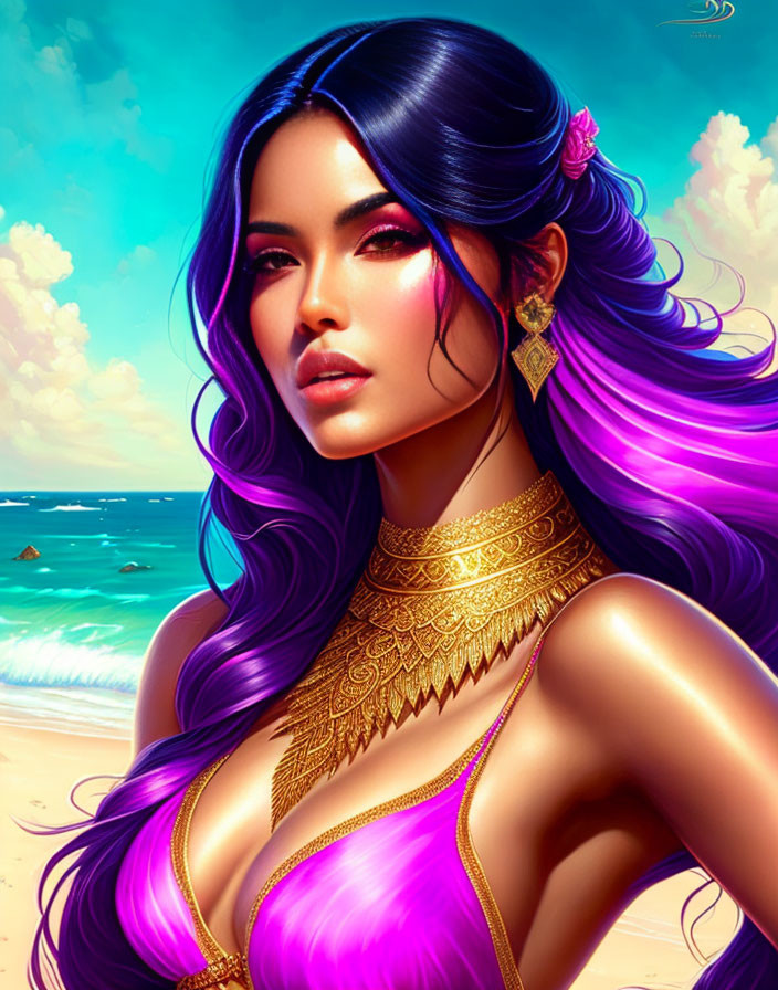 Vibrant illustration: woman with long purple hair and golden jewelry on tropical beach.