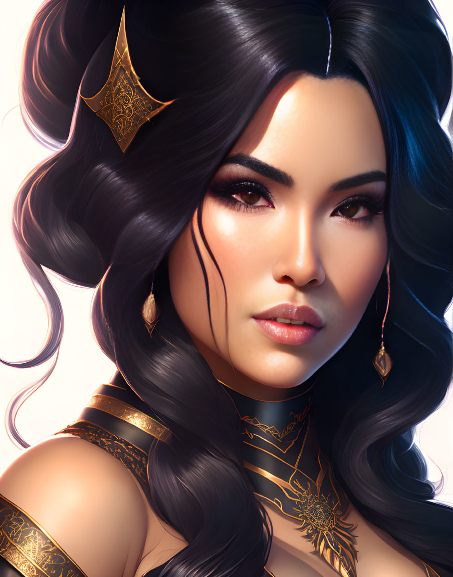 Digital portrait of woman with dark hair, dramatic makeup, gold jewelry, and crown