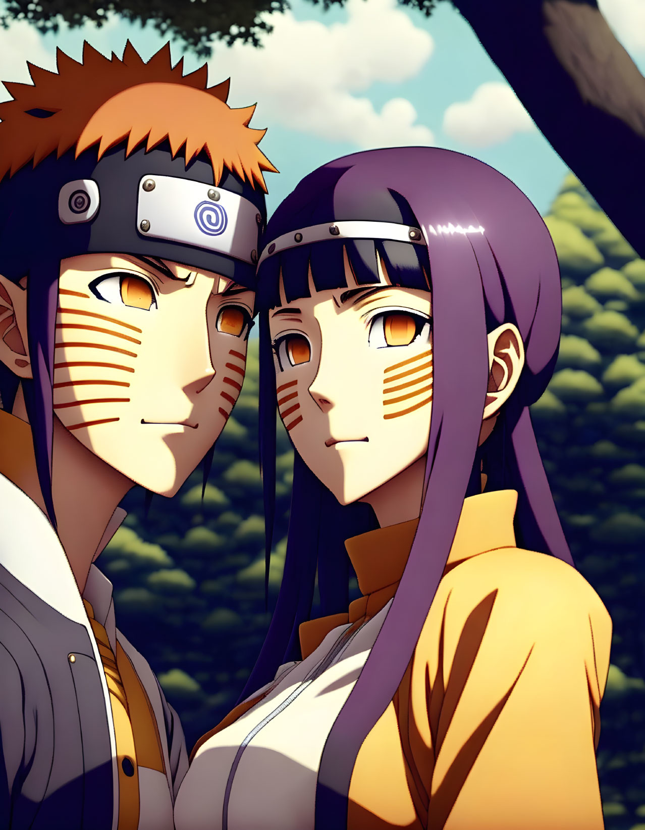 Animated characters with distinct facial markings in orange and purple attire standing together