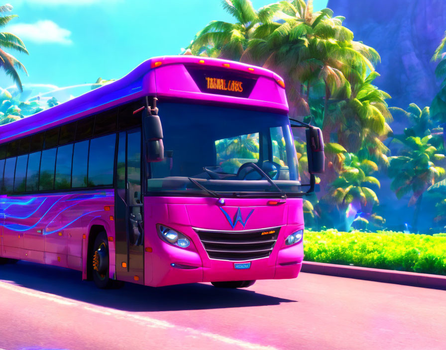 Colorful digital rendering of futuristic bus with palm trees and clear sky