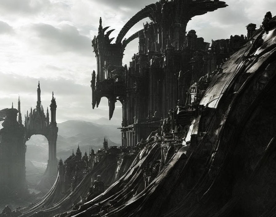 Gothic futuristic cityscape with towering spires and curved structures