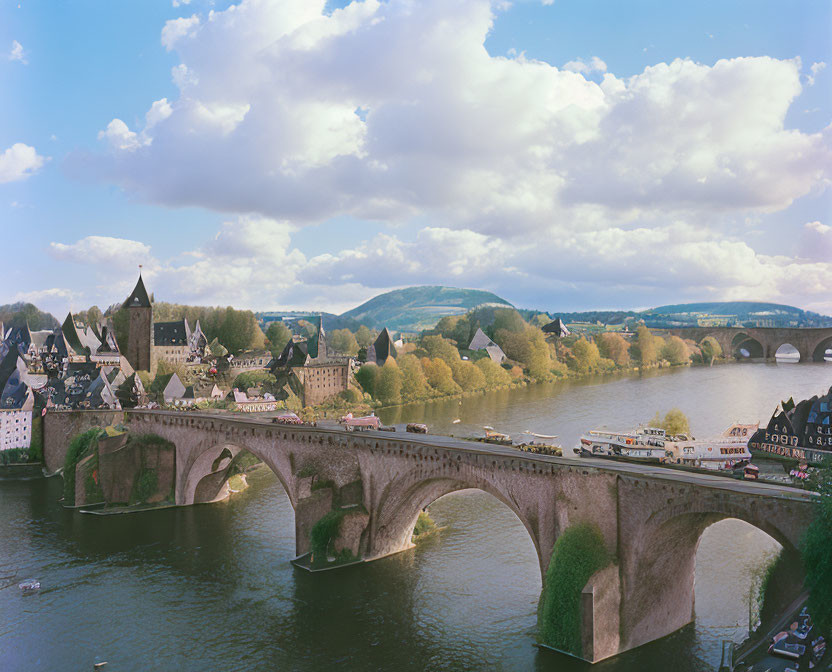 Historical stone bridge over river with vehicles, cityscape, trees, old buildings under cloudy sky