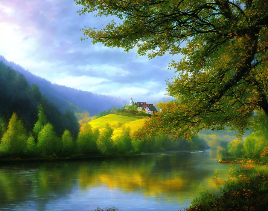 Tranquil landscape with river, trees, and village under golden sky