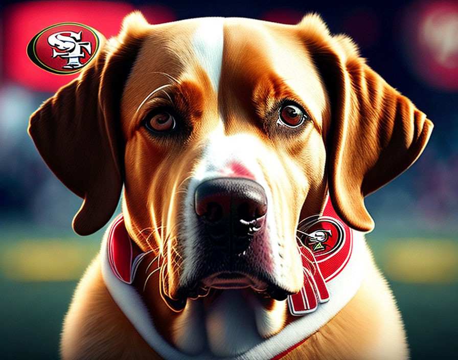 Brown and White Dog in San Francisco 49ers Bandana with Blurred Logo