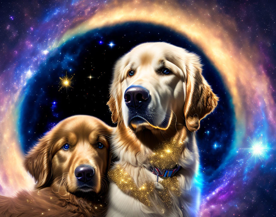 Two dogs with cosmic background and colorful galaxy halo.