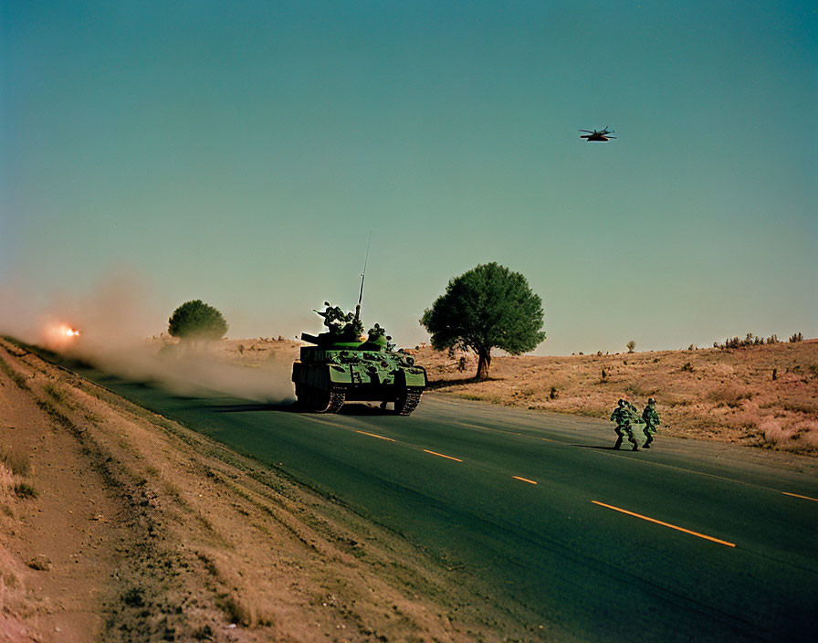 Military tank, soldiers on patrol, jet flying, and explosion in the distance.