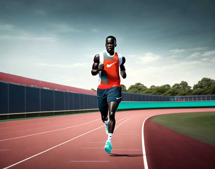 Male runner sprinting on red outdoor track with blue sky