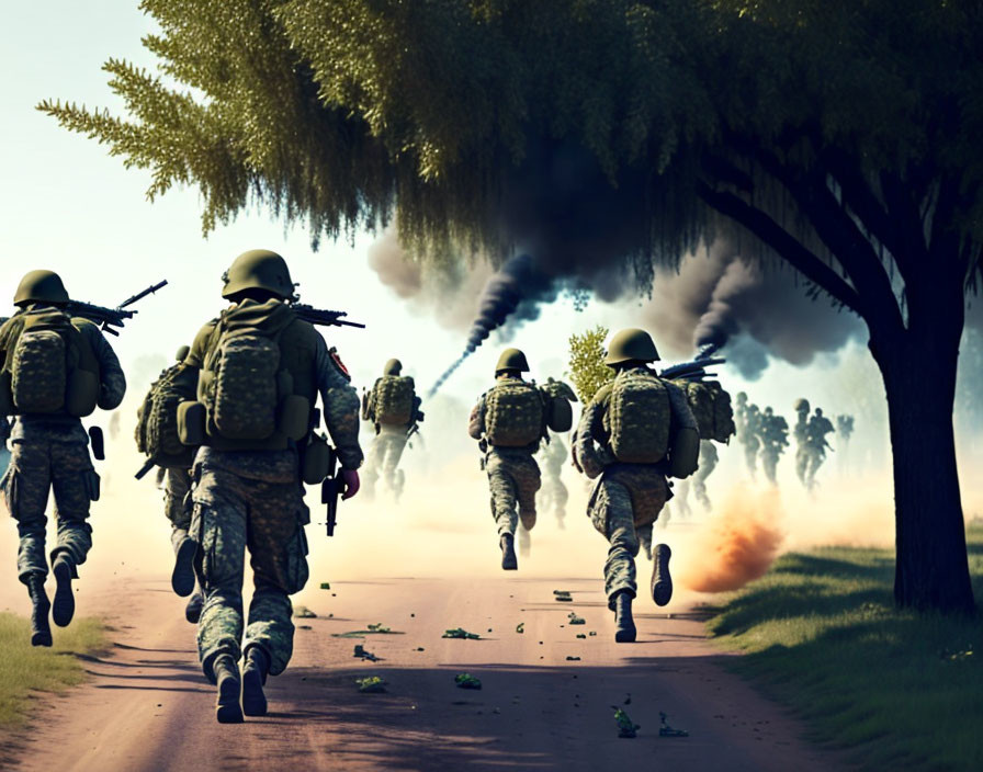 Military soldiers in camouflage running towards battle with explosions and smoke under a vivid sky.