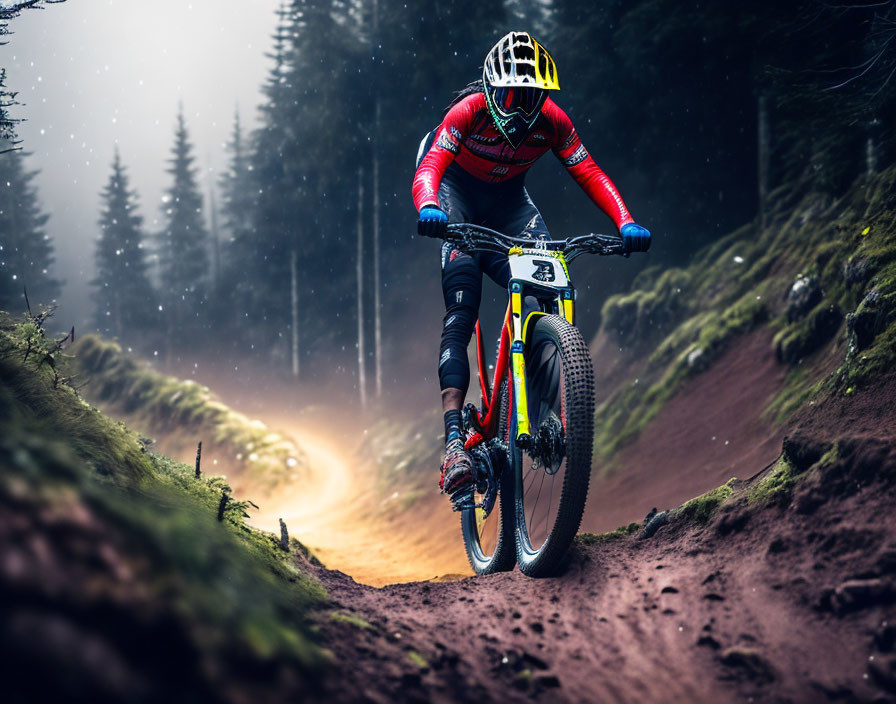 Mountain biker in red and blue gear rides down misty forest trail.