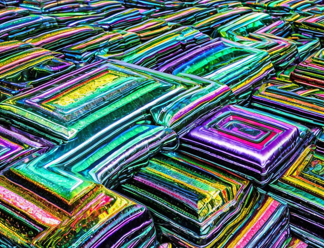 Iridescent multicolored foil packages in orderly stack