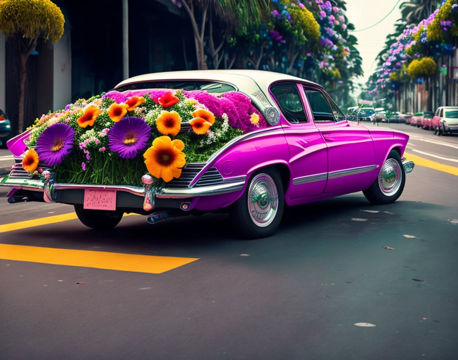 Purple vintage car surrounded by colorful flowers on tree-lined street