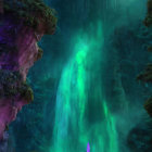 Mystical neon-lit waterfall on pyramid in ethereal forest