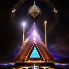 Futuristic pyramid glowing under starry sky with planets