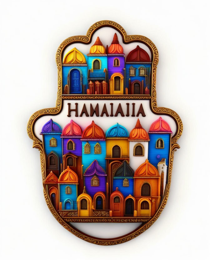 Colorful Russian architecture emblem with Cyrillic text on white background