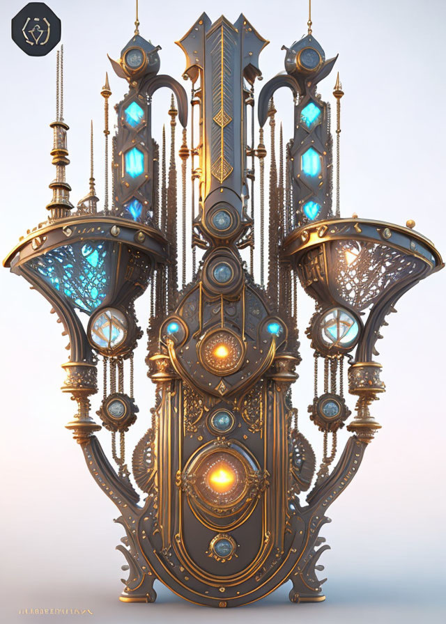 Symmetrical steampunk structure with lanterns and blue accents