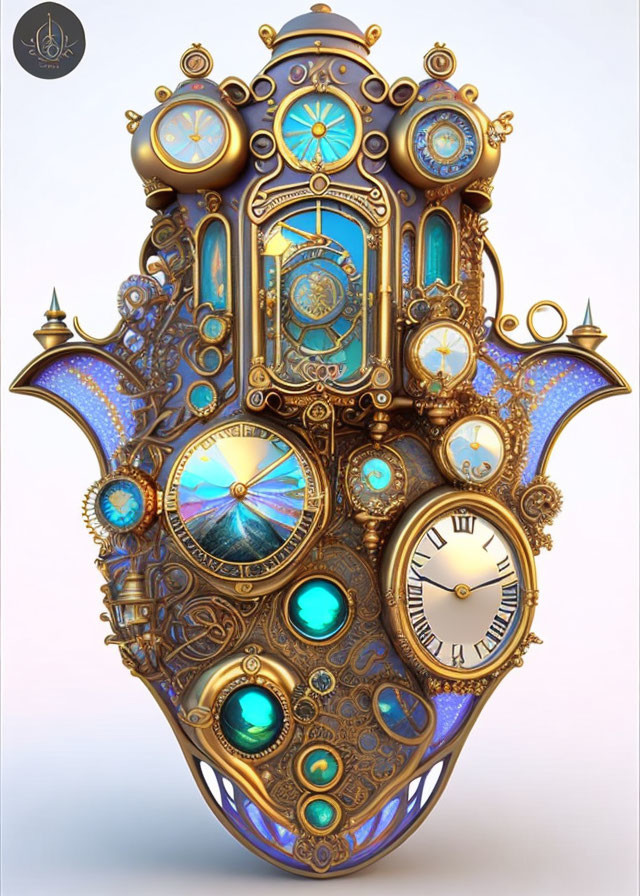 Steampunk skull with gears, clocks, and metallic details in gold, bronze, and blue palette