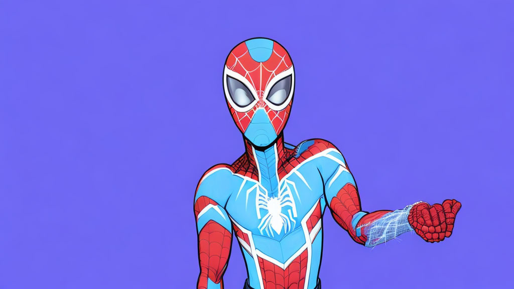 Spider-Man in Red and Blue Costume Poses Against Purple Background