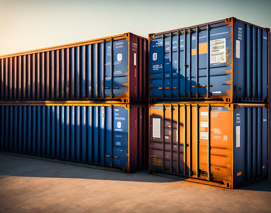 Shipping containers stacked under warm lighting, blue and orange hues, against clear sky at dawn or dusk.