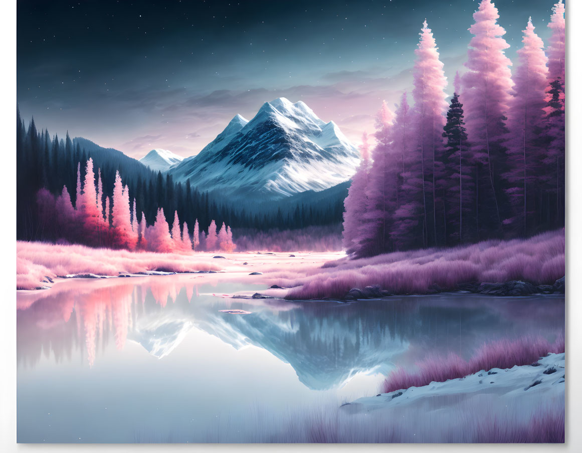 Snowy mountains, pink trees, and a reflective lake under a starry sky