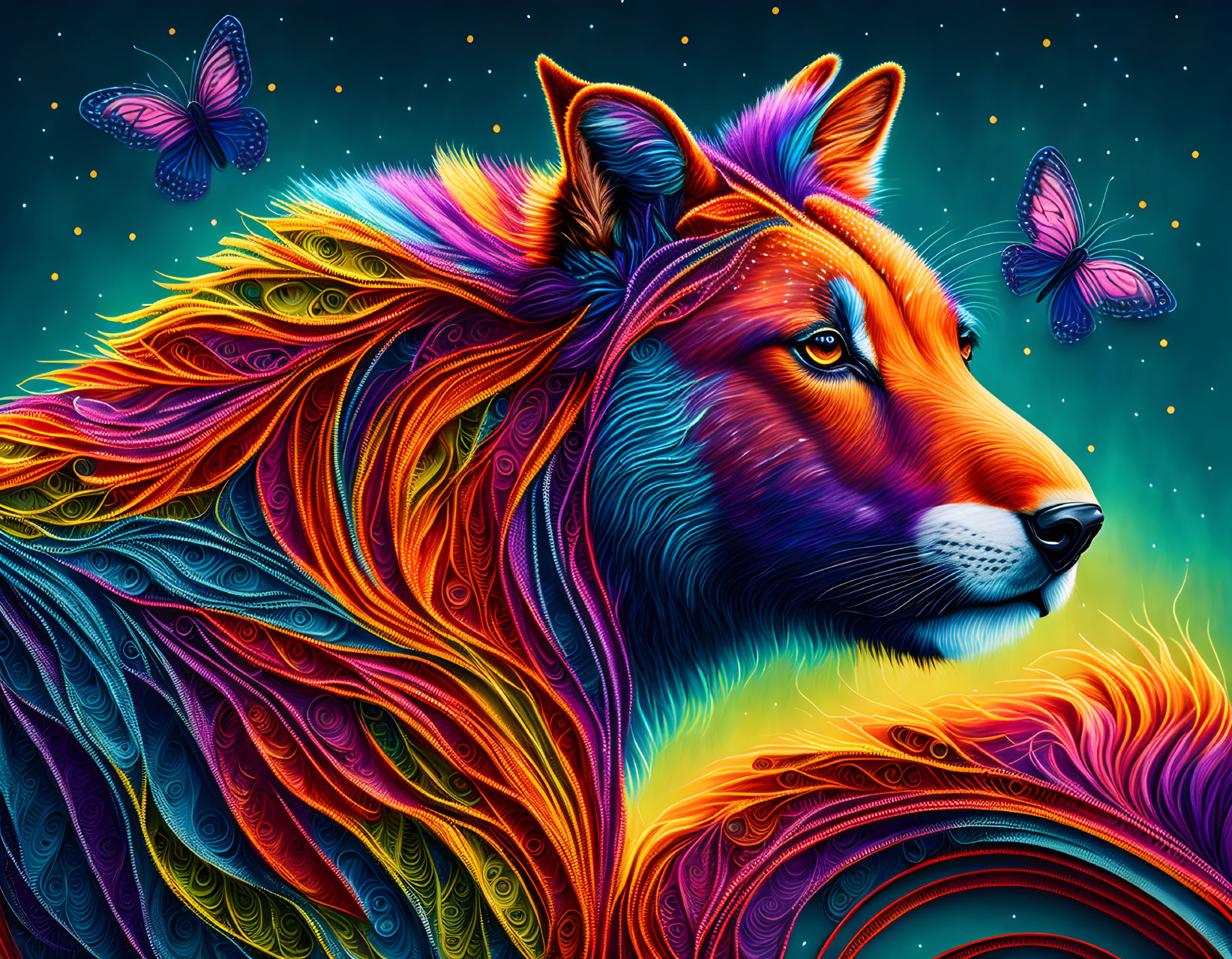 Multicolored stylized wolf in starry night sky with butterflies