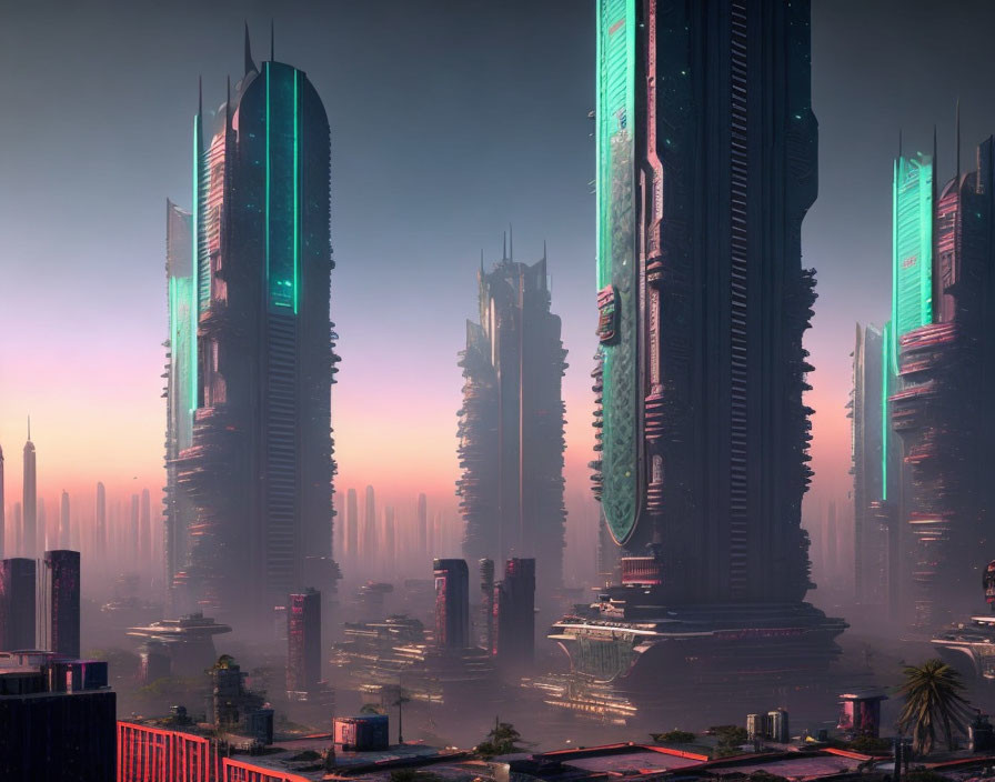 Futuristic cityscape with illuminated skyscrapers at dusk