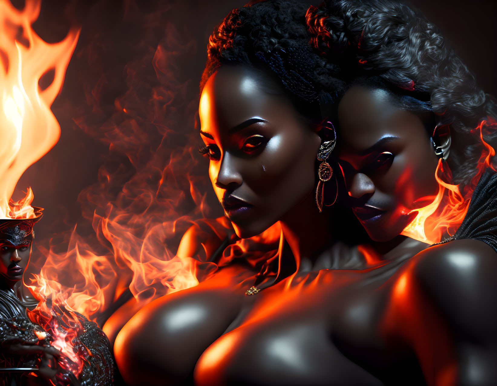 Dark-skinned women in fiery backdrop exude confidence.