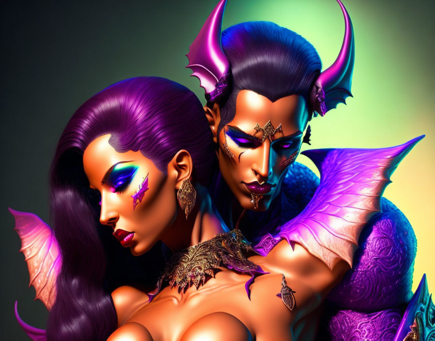 Stylized purple-skinned characters with horns and wings adorned in golden jewelry on gradient backdrop